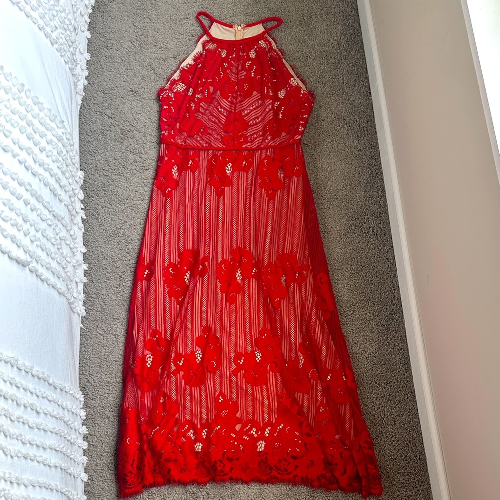 Red Lace Midi Dress- perfect to wear for a fall wedding